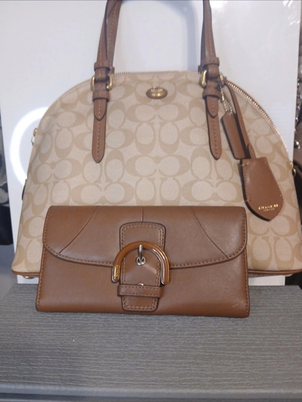 Coach Beige Signature Canvas Dome Satchel with Brown Leather Wallet